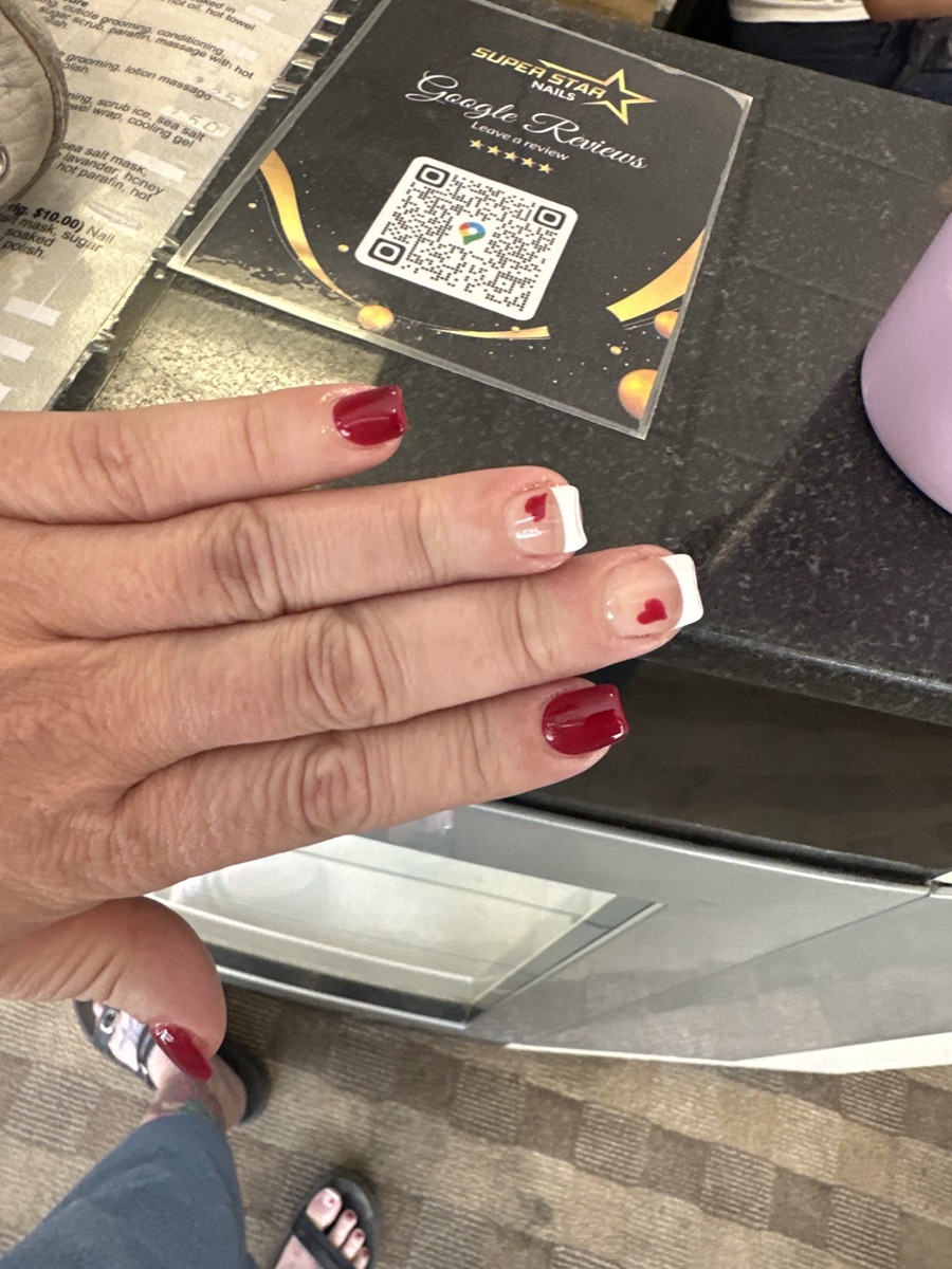 Red and white square French tips.